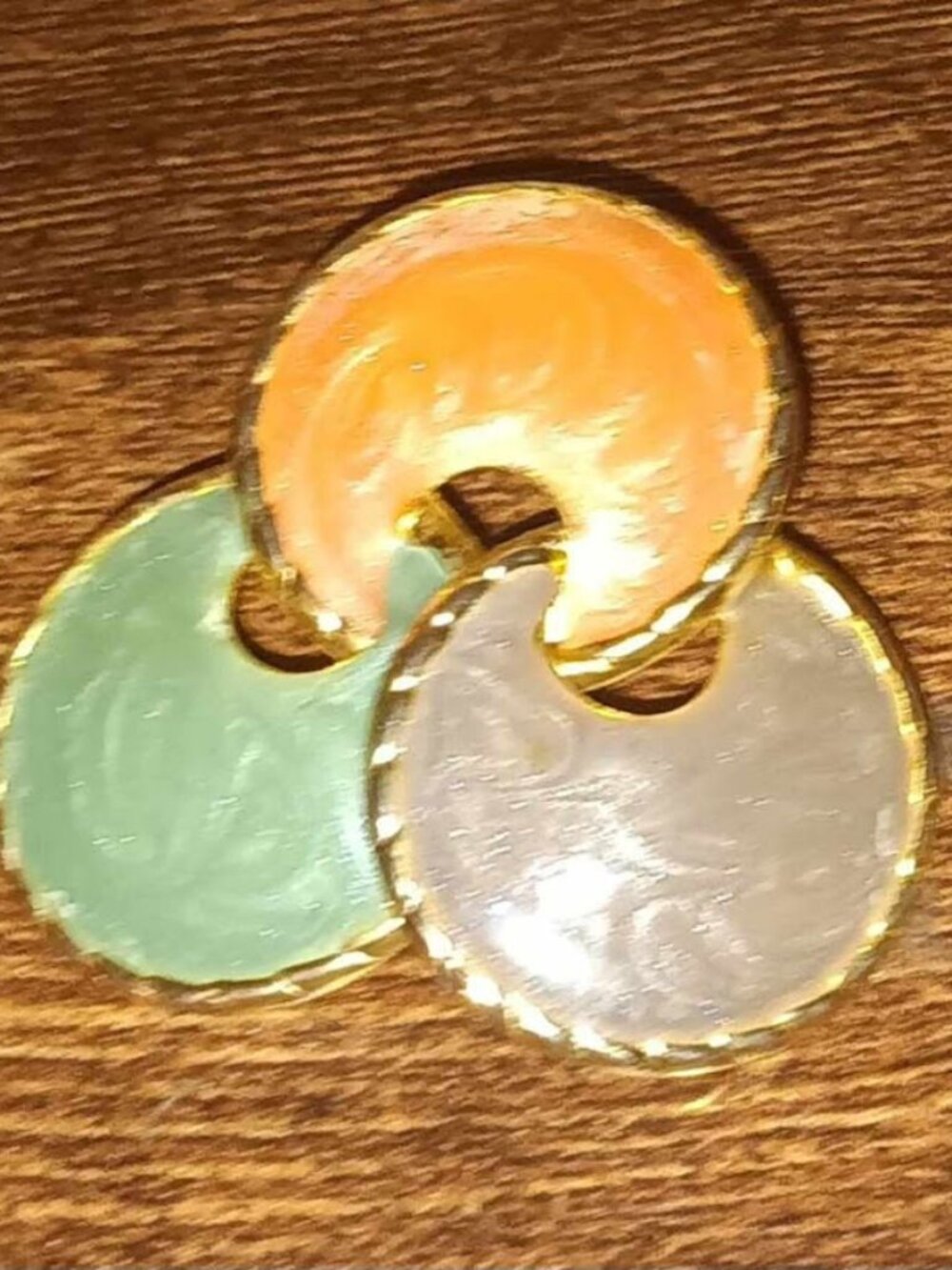 Purple, Coral, and Green Interlocked Gold Tone Circle Earrings